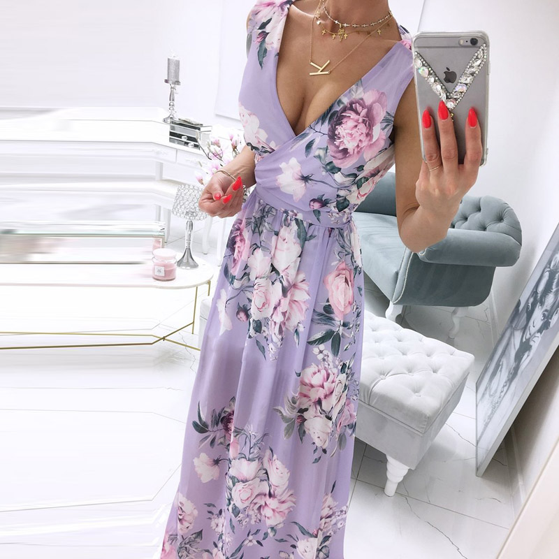 

Women Elegant Floral Print Beach Long Dress Sexy Deep V-neck Split Party Dress 2021 Summer Sleeveless Chiffon Maxi Dress Vestido, White