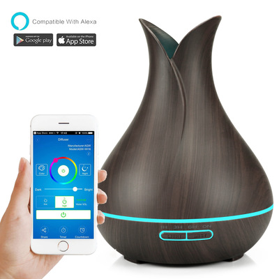 

400ml Ultrasonic Smart Air Humidifier Aroma Diffuser Essential Oil with Wood Grain 7 Color Changing LED Lights for Office Home