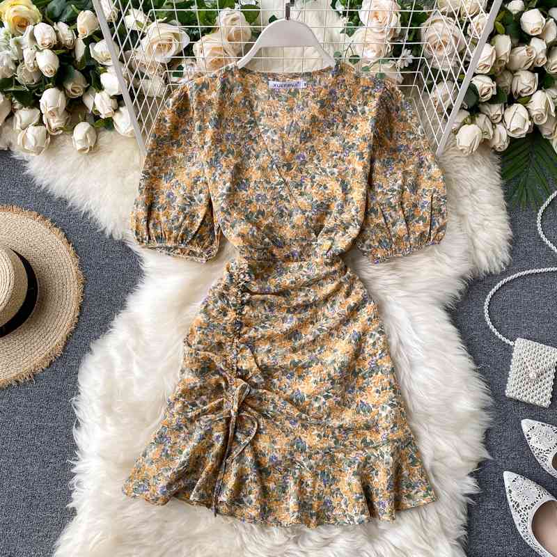 

Floral Dres Summer Bubble Sleeve Slim Bodycon es Ladies Causal Ruffle Robe Female V-neck Party 210602