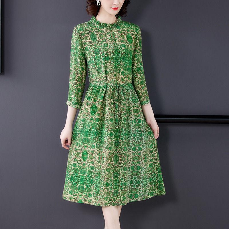 

Retro Spring Summer 2021 Fashion New Floral Dress For Women Stand Collar 3/4 Sleeves Lace Up Waist Elegant Femme Vestidos y1580