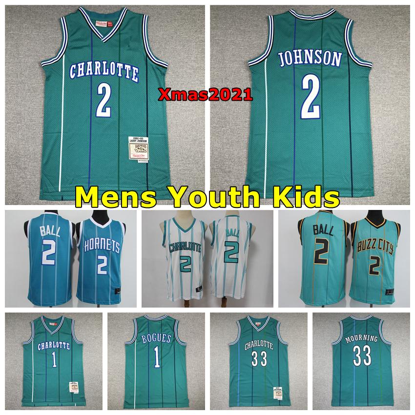 

2021 Charlottes Mens Youth Kids 2 LaMelo Ball Basketball Jersey 1 Muggsy Bogues 2 Larry Johnson 30 Curry 33 Mourning Mitchell & Ness Jersey, Black;red