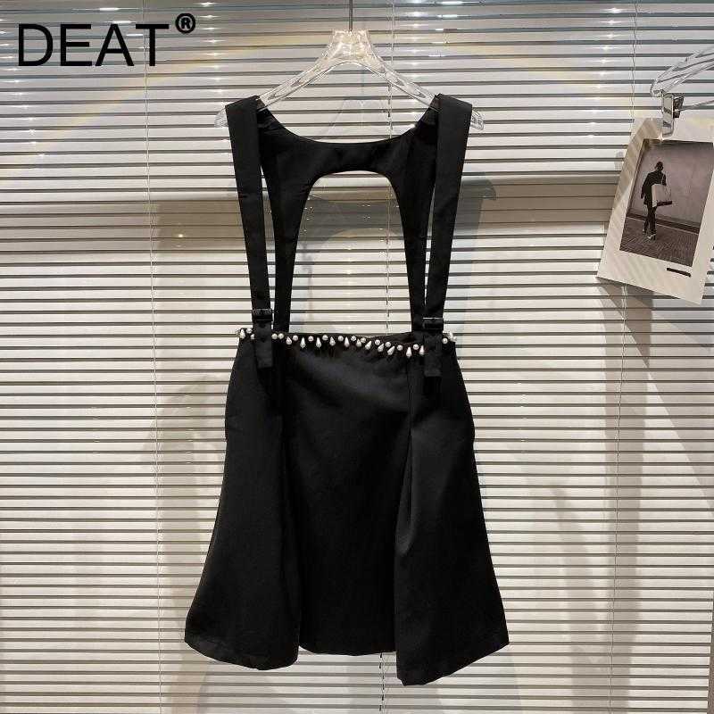 

DEAT Spring Summer Fashion Casual Solid Color Pearl Nail Bead Adjustable Strap Skirt Pleated Skirt Women SK824 210709, Black
