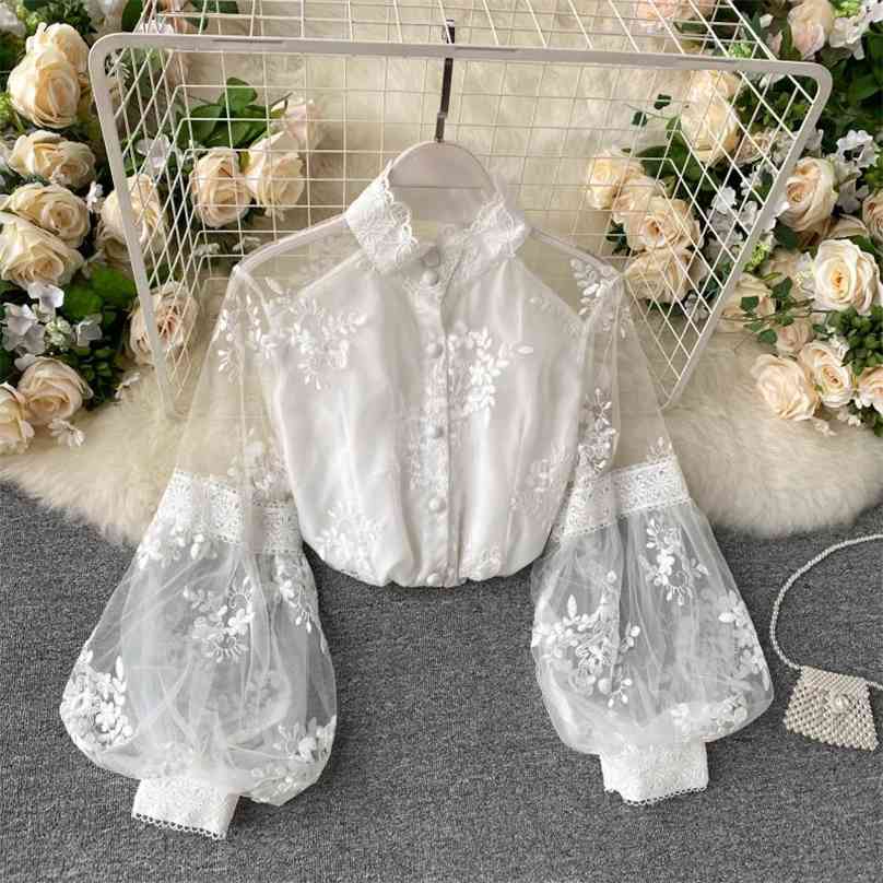 

Women French Mesh Lace Blouse Stand Collar Three-dimensional Embroidered Puff Sleeves Court Style Slim Shirt Female Blusa PL610 210719, Black