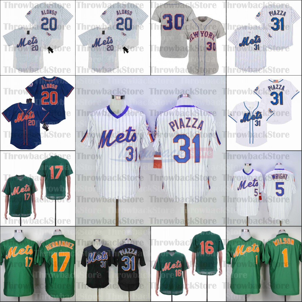 

Retro Baseball Home Jersey 31 PIAZZA 5 WRIGHT 1 WILSON 20 ALONSO 17 HERNANDEZ GREEN WHITE, As photo