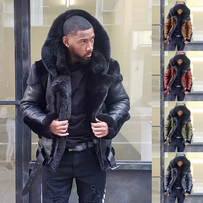

Fashion Parka Pilot Mens Natural Sheepskin Fur Coat Mens Winter Aviator Genuine Leather Jacket Motorcycle Biker Clothing, Black