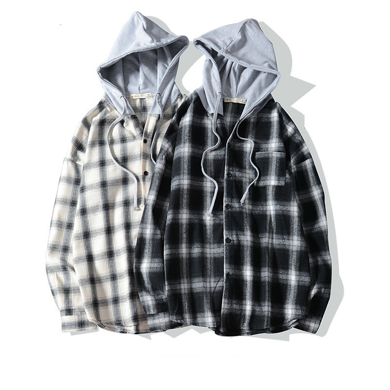 

2021 New Primavera Outono Design De Moda Casual Wear Manga Comprida Dividir Joint Kanye Solto Camisa Xadrez Cordo Com Capuz Nico Breasted Do, White