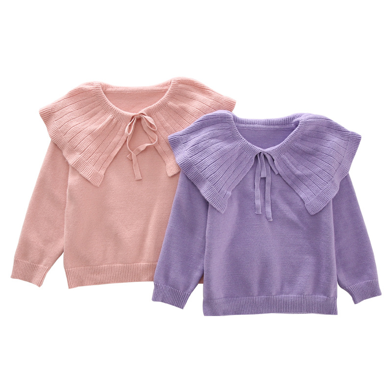 

Girls big collar bow sweater 2021 autumn and winter new wild children's clothing children's sweater children's weeds, Blue