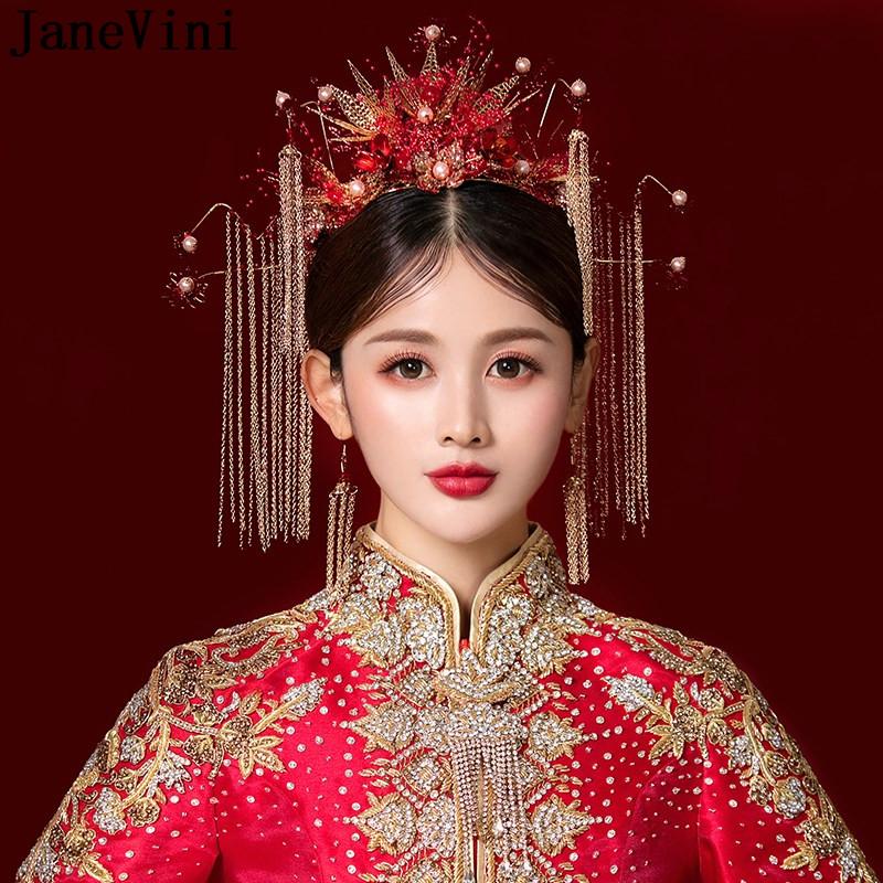 

Hair Clips & Barrettes JaneVini Classic Red Bridal Crowns With Earrings Long Tassel Pearls Chinese Style Wedding Bride Head Jewelry Accessor