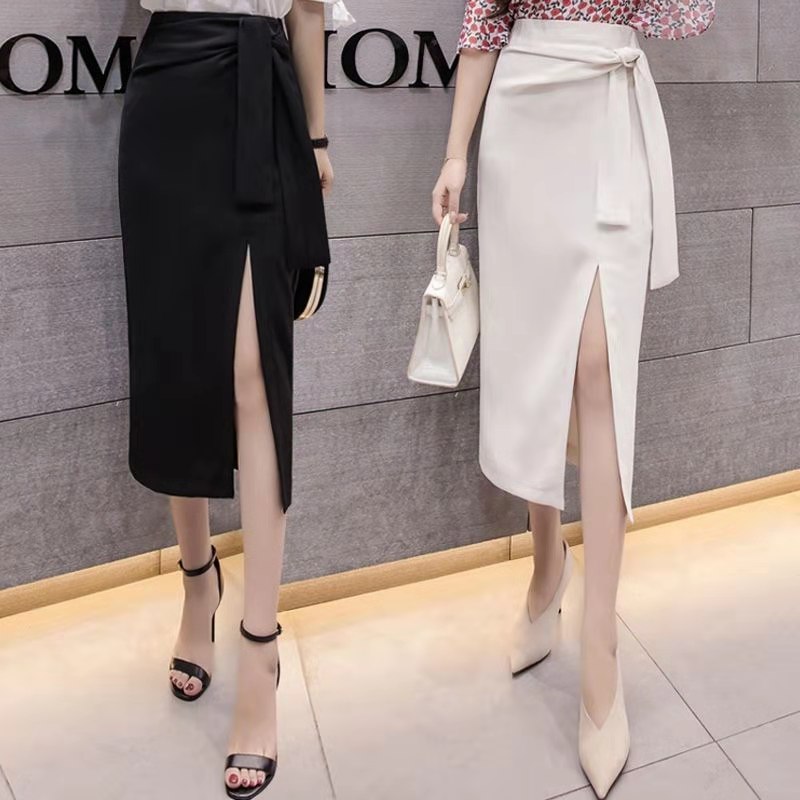 

2021 Summer Skirt Women Mid-Calf Length Solid White/Black Buttock Skirt Oversize Split Skirts Bandage Design OL Business Wear, Black;gray