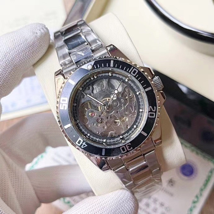 

Fashion Mens Watches Top brand Skeleton mechanical automatic wristwatches Movement 41mm Stainless Steel band Waterproof watch for men's gift, Slivery;brown