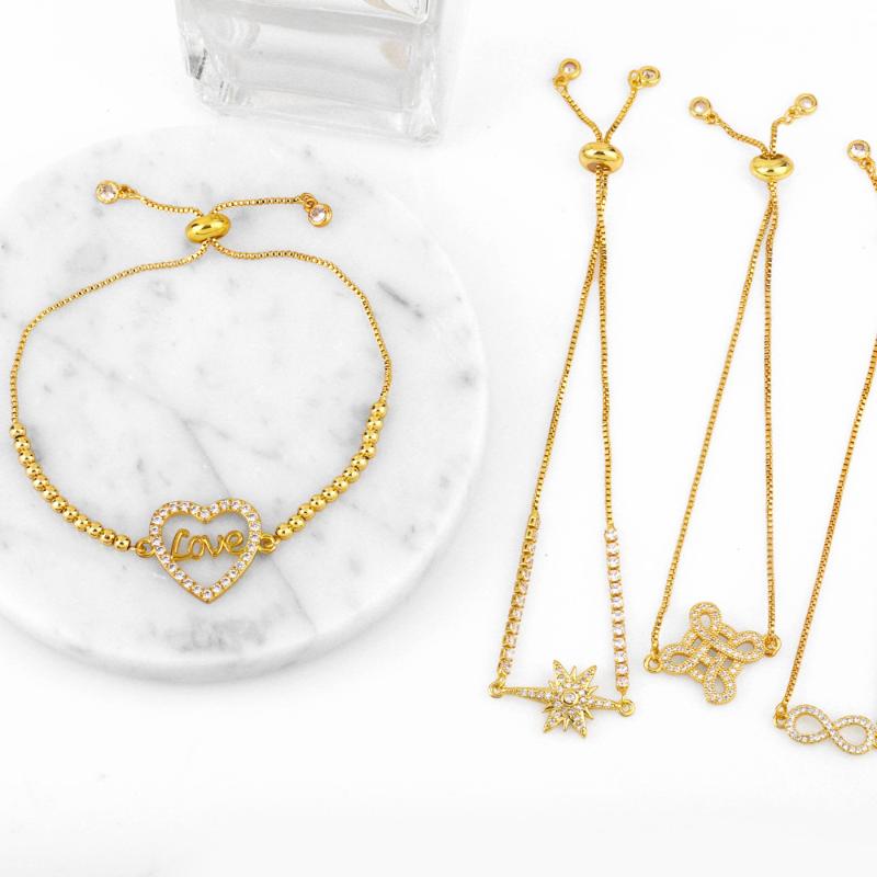 

Charm Bracelets Trendy Gold Plated Micro Pave Zircon Heart Chinese Knot Star Infinity Sign Charms Bracelet Beads Link Tennis Chain Women Jew