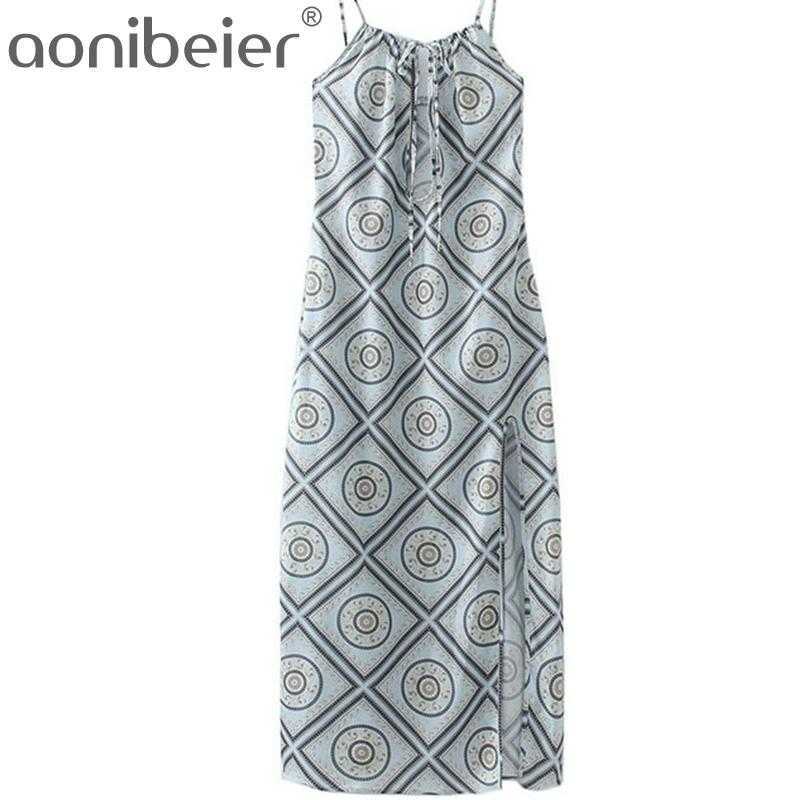 

Vintage Plaid High Split Women Spaghetti Strap Maxi Dress Summer Sleeveless Backless Tie Neck Casual Pencil 210604, 01