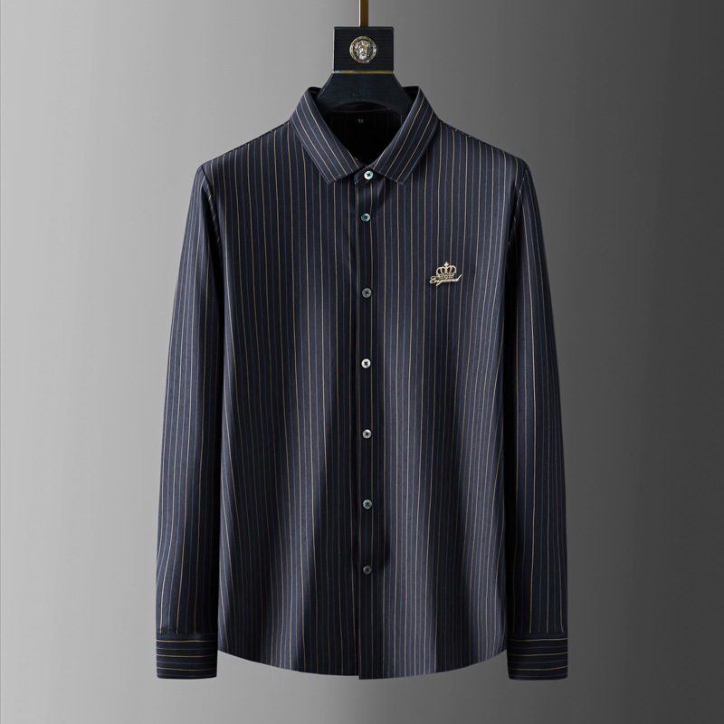 

New Spring Autumn Male Shirts Luxury Long Sleeve Crown Embroidery Mens Dress Shirts Business Casual Slim Stripe Man Shirts 4XL, Black