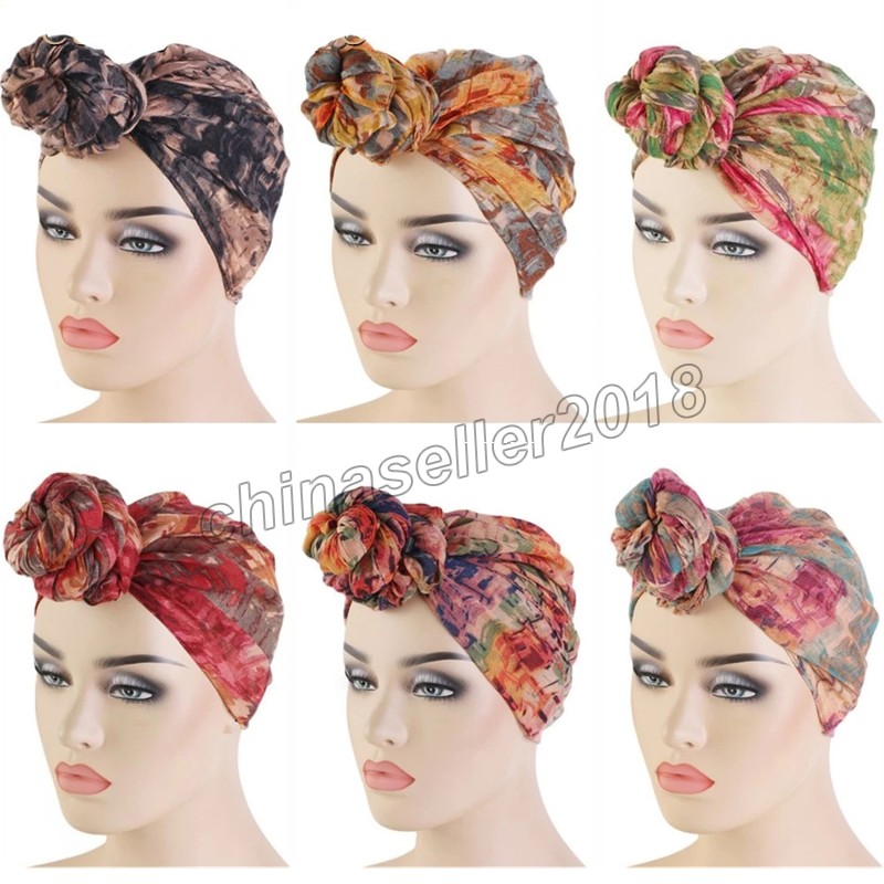 

Fashion Women Printed Floral Beanie Modest Indian Turban Hats Caps For Ladies, Mixed colors