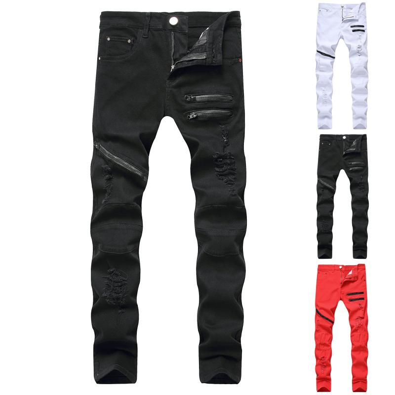 

Men's Pants Fashion Solid Colors Elastic Stretch Ripped Hole High Waist Jeans Skinny Slim Fit Denim Straight Long Trousers#g3, Black