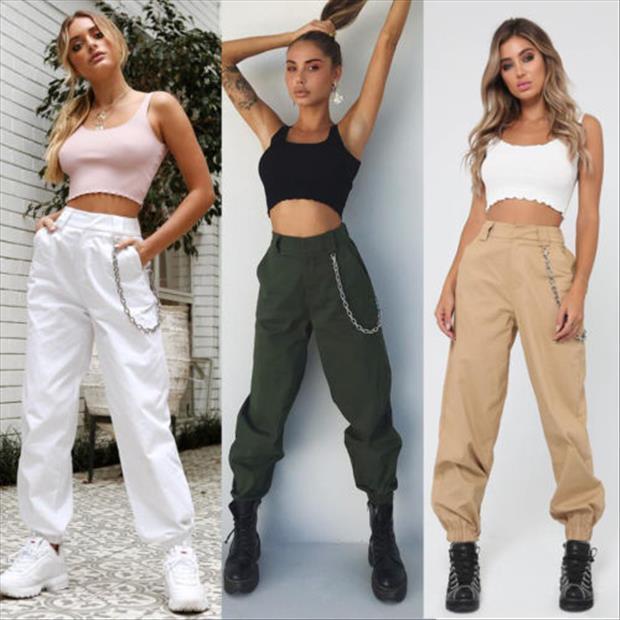 

trendy casual autumn harem women capri cargo high waist trousers cotton solid punk loose long pants one piece, Black;white