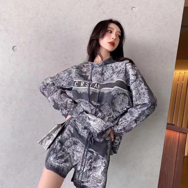 

High-quality Womens Two Piece Pants trousers fashion designer elegant temperament dark blue jungle animal pattern cashmere knit suit, unique, White