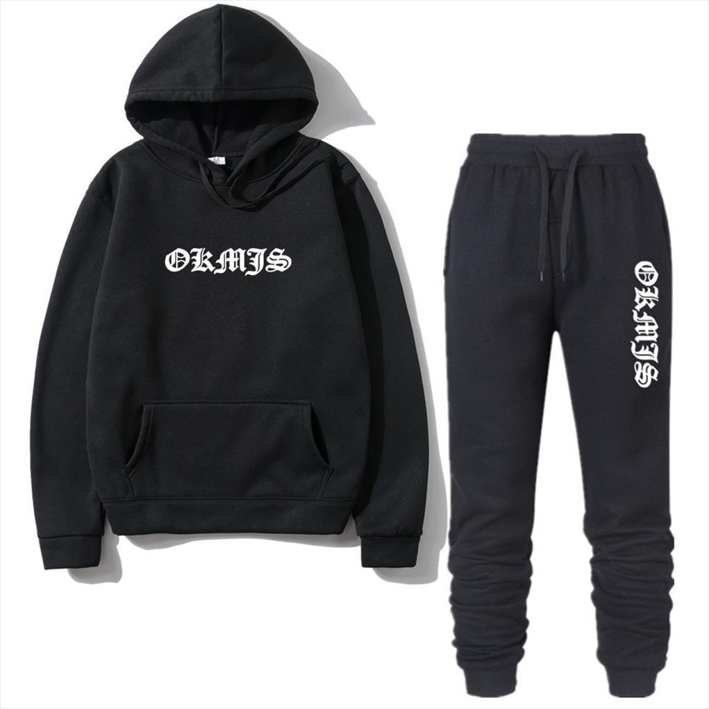 

brand letter hoodie suit mens tracksuits sportswear okmjs printing sweatshirt solid color jogging men homme two piece, Gray