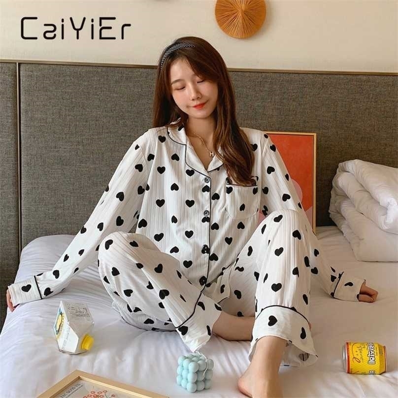 

CAIYIER Women Winter Pajamas Set Peach Heart Turn-down Collar Long Sleeve Trousers Sleepwear Cute Autumn Nightwear Home Clothing 211109, Beige