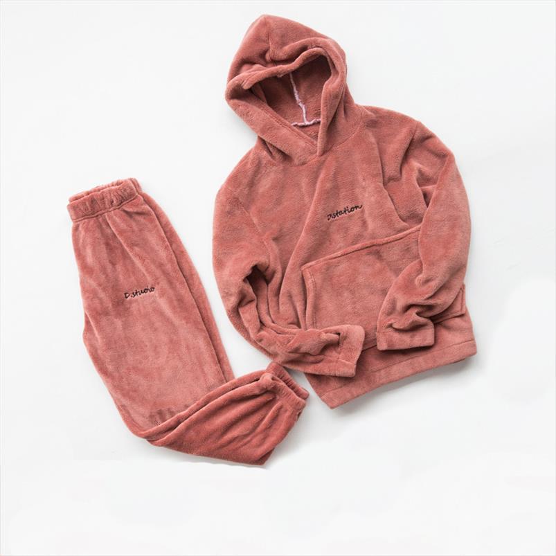 

winter coral fleece pajama set womens sleepwears thick warm flannel velvet cozy 2 pieces long sleeve sleepwear suit lady clothing, Black;red