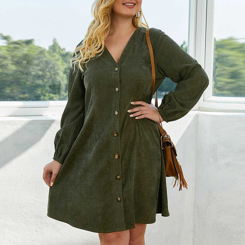 

XL- Elegant Fashion Corduroy Woman Dress Loose V-Neck Long Sleeve Button Mini Office Lady Dresses Plus Size W194 210526