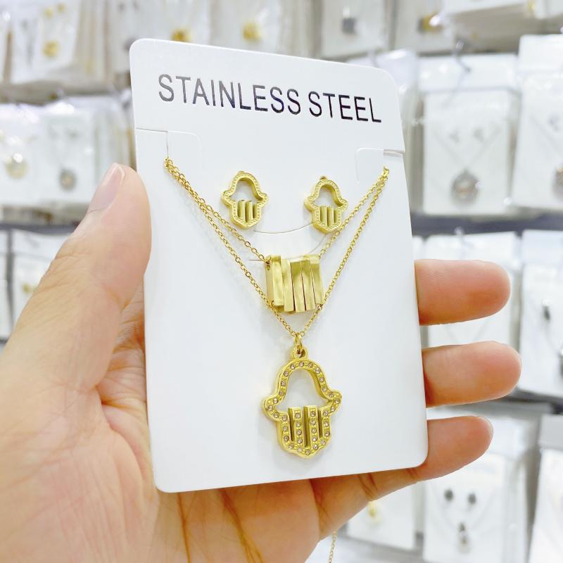 

Earrings & Necklace Stainless Steel Hand Of Fashion Woman Fatima Turkish Blue Eye Charm Jewelry Gift Pendant For Women, Silver