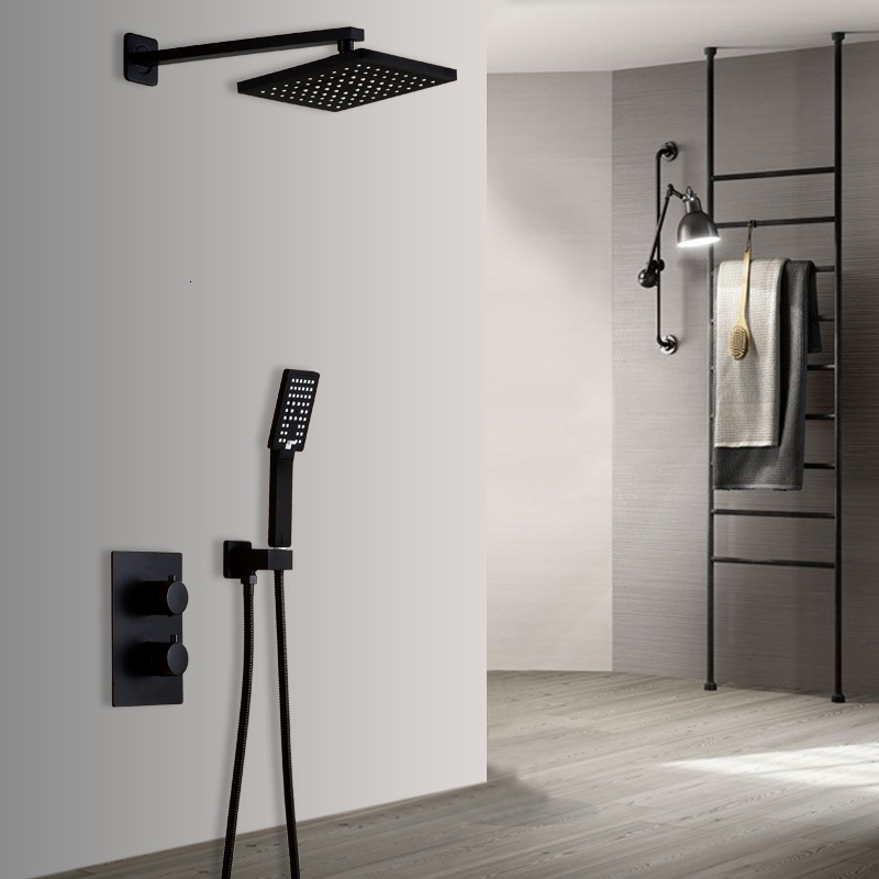 

2021 New in Wall Black Bathroom Faucet Set Thermostatic Mixer with 8 Inch Rainfall Shower Fxju