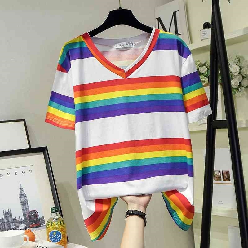 

Summer T shirt Women Sexy V-Neck Stripe Color Tops Short Sleeves Loose Plus Size Black White Gray Tee Shirt Femme 210604, Rainbow bar