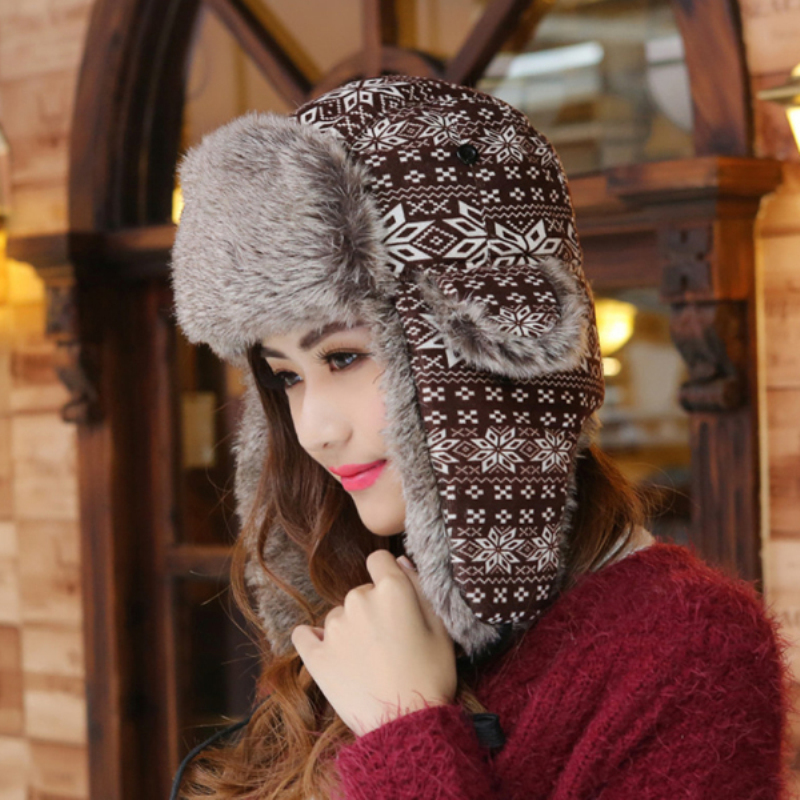 

Winter Bomber Hat for Women Faux Fur Russian Hat Ushanka Earflaps Vintage Female Pilot Trapper Cap with Ear Flap, Black