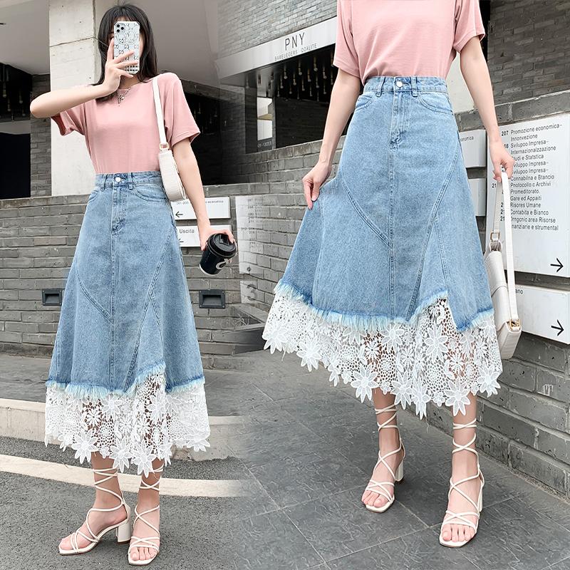 

Skirts Denim Lace Stitch Long Maxi Korean Fashion High-Waisted Vintage Spring Autumn Summer Women' Clothing Vetement Femme 2021, The cowboy blue