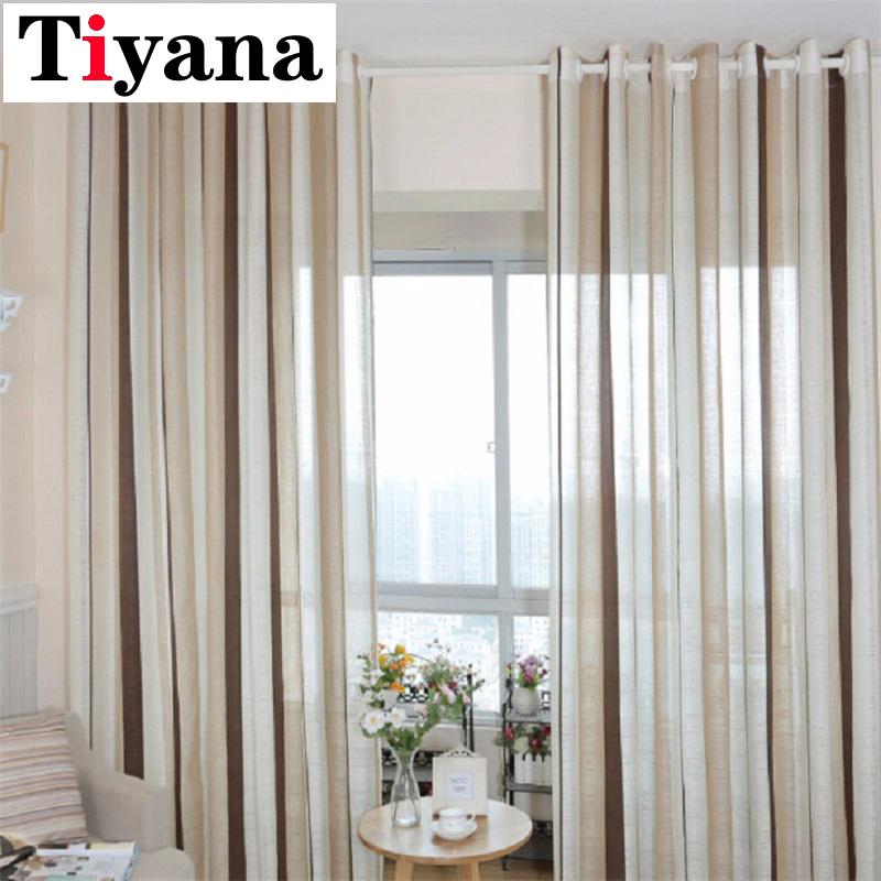 

European Cotton Linen Curtain Coffee Striped Design Window Gauze Sheer Curtains For Living Room Balcony Kitchen Drapes P222-2, Tulle