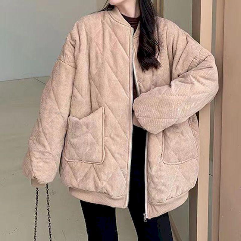 

Women' Down & Parkas Women Thick Jackets V-neck Puffer Corduroy High-Quality Warm Vintage Wild Coats 2021 Autumn Winter Female Overcoat, Black