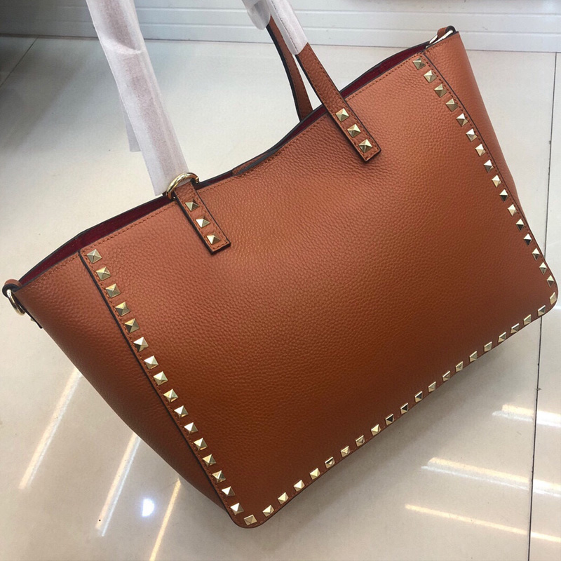 

Stud Tote Bag Rivet Handbags Purse Large Capacity Travel Shoulder Bags Litchi Pattern Genuine Leather Fashhion Letter Removable