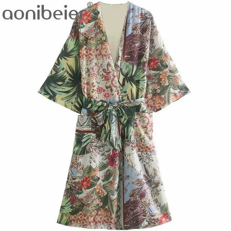 

Tropical Print Patch Pockets Open Front Casual Beach Kimono Shirts Summer Midi Length Women Blouses Female Long Tops 210604, 01
