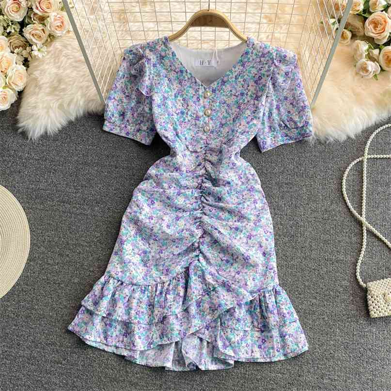 

Summer Women Dress Fashion V-neck Short Sleeve Floral Print High Waist Folds Ruffles Mini Casual Female Clothes 210603, Blue