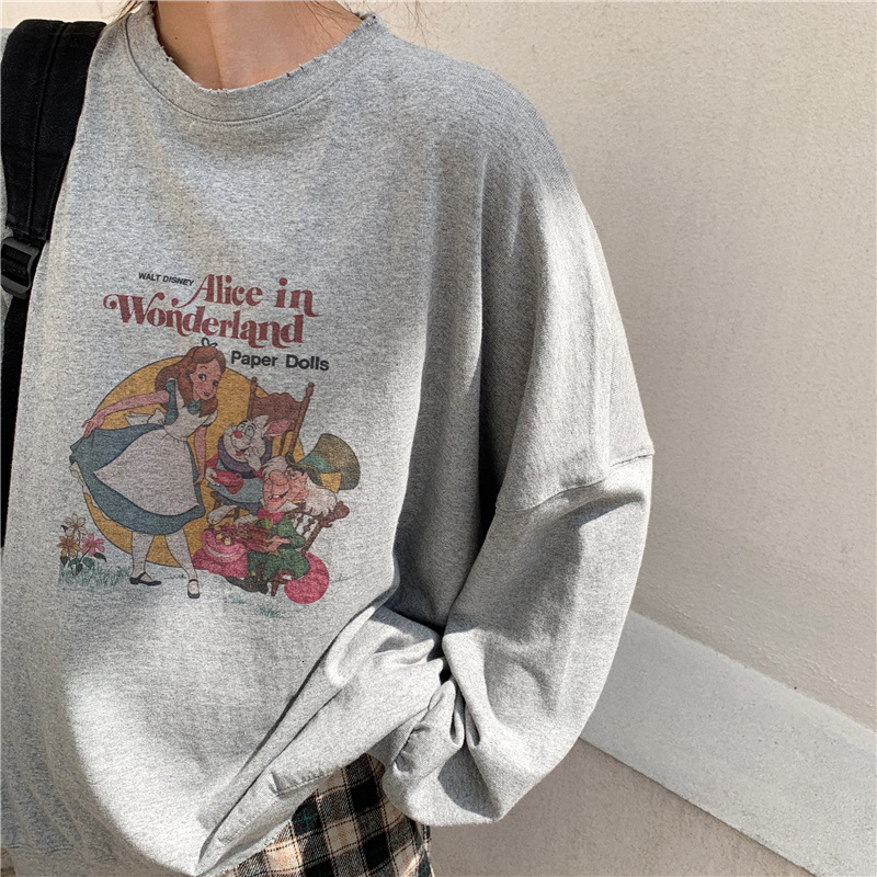 

2021 Alice Cartoon Letter Printing Oversized Crewneck Sweatshirt Women Casual Bf Girls Kawaii Autumn New Design O-neck Pullovers Yflu, White