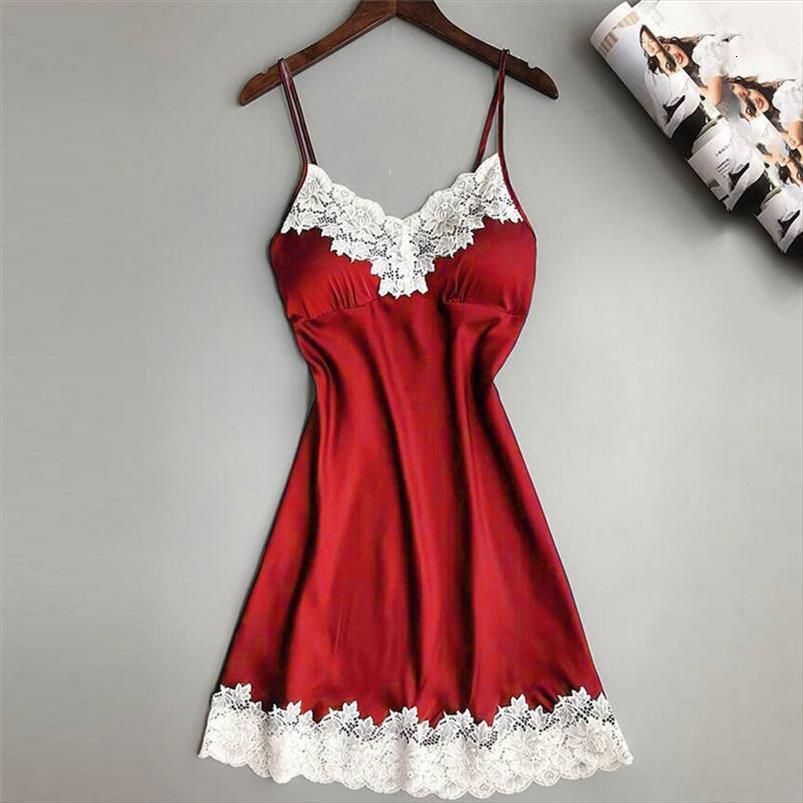 

lingerie dress red women sleepwear satin lace silk comfortable silky underwear nightdress pijamas 661sq10, Black;red