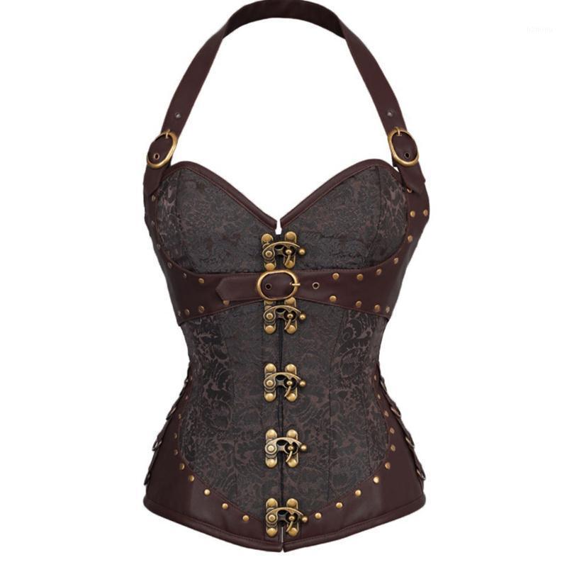 

Bustiers & Corsets Women' Gothic Steampunk Corset Halter Brown Steel Boned Vintage Sexy Underbust Leather Gather Waist Slim Top, Deep brown