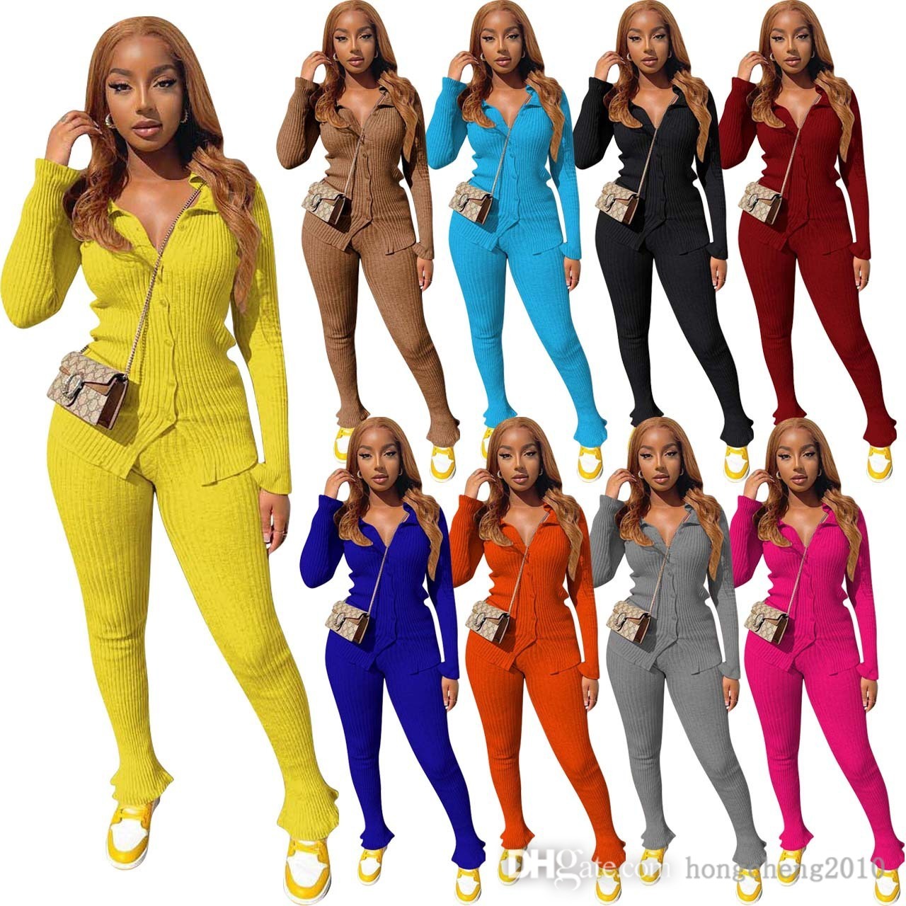 

High Quality Two Pieces Pants Outfits Knitted Suit Women Solid Color Sweater Cotton Pit Strip Cardigan Leggings Jogger Set Plus Sizes, Option for extra fee