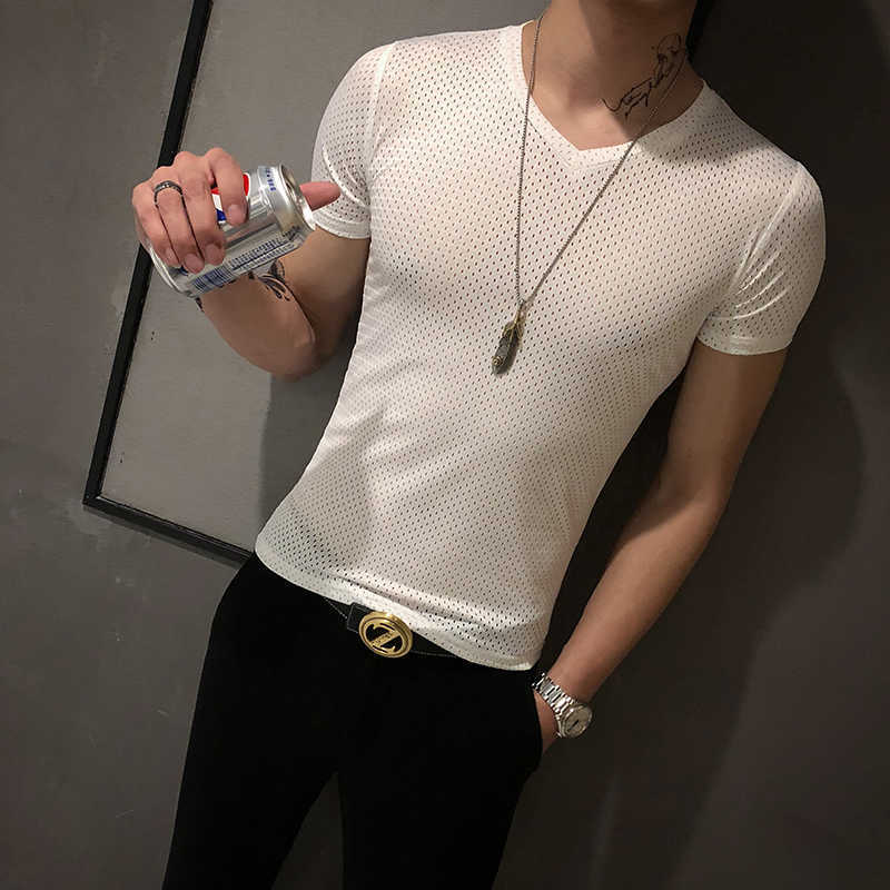 

Summer T Shirt Men Sexy Hollow Short Sleeve V-Neck T-shirt Nightclub Party Streetwear Slim Fit Casual Tshirt Camiseta Masculina 210527, Black