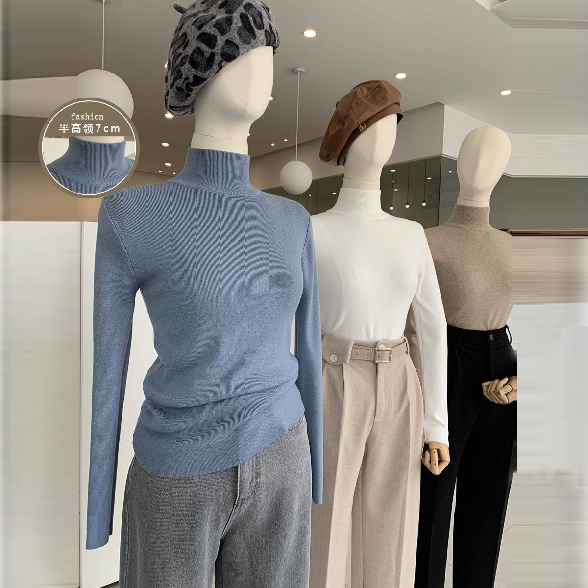 

2021 New Outono Bsico Magro Elstico Feminino Topos Clssico Fino Afundado Listra Malha Camisa De Fundo Meia Gola Alta Manga Longa C7ob, Collar height 15cm