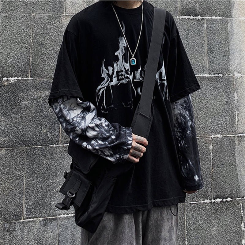 

2021 New Camiseta Hip Hop Preta Masculina, Casual, Outono, Duas Peas, Manga Comprida, Moda Japonesa Streetwear Meninos 7bic