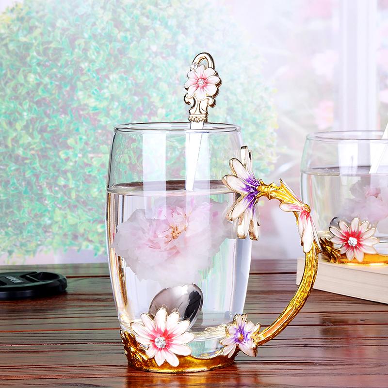 

Color Enamel glass coffee mugs with spoon flower milk cup china rose handgrip Europe heat resistant drinkware, See chart