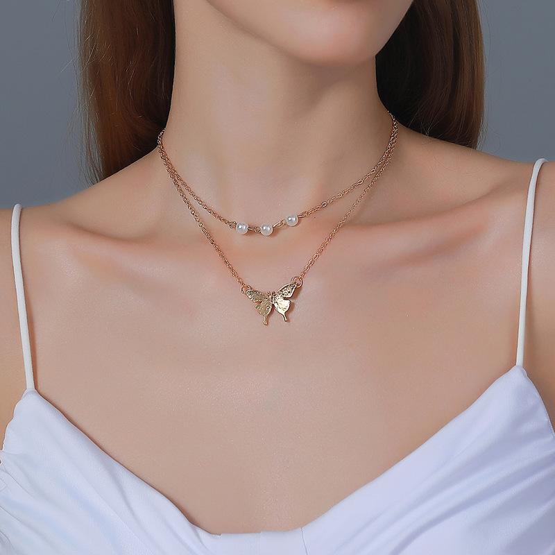 

Pendant Necklaces Minimalist Gold Color Butterfly Necklace For Women Femme Simulated Pearl Double Layered Choker Party Jewelry