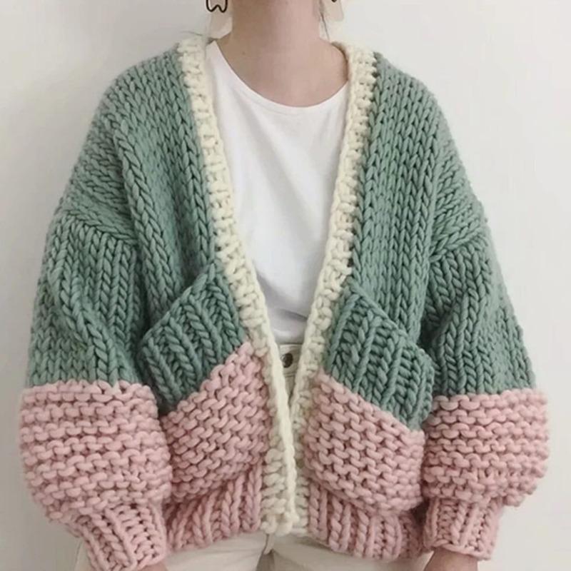 

Women's Knits & Tees 2021 Autumn Sweater Thick Loose V Neck Puff Sleeve Knitted Coat Hit Color Big Two Pocket Cardigan Crop Top Pull Femme C, Green