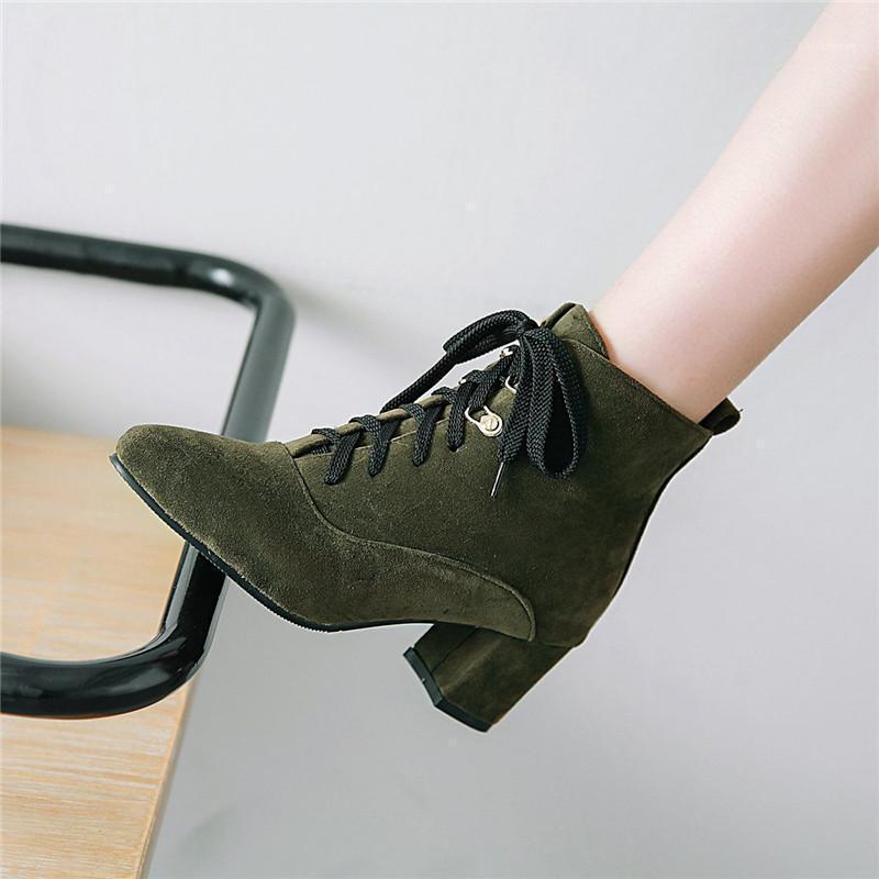 

Boots YMECHIC 2021 Winter Ladies Shoe Retro Fashion Red Green Brown Block High Heels Lace Up Cross Tied Ankle Riding Motorcycle Boots1