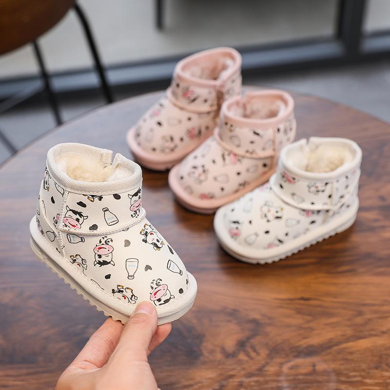 

Boots 2021 Winter Baby Girls Toddler Infant Warm Plush Waterproof Children Cartoon Non-slip Soft Bottom Kids Shoes, Black;grey