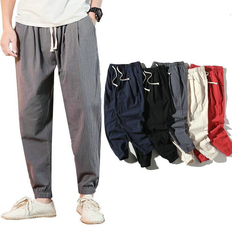 

New 2021 Summer Men's Casual Thin Cotton Elastic Waistband Runners Hare Streetwear Pants Kukt, Red.