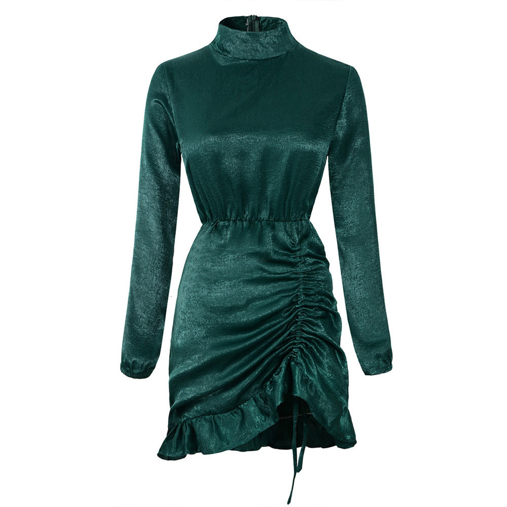 

2021 New Women Elegant Turtleneck Long Sleeve Satin Causal Solid Elastic Waist Drawstring Ruffle Hem Slim Mini 2pp4, Green