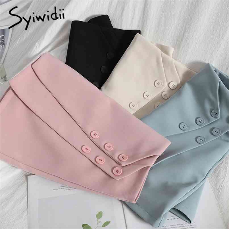 

Irregular High Waist White Pleated Mini Skirts Women Double Breasted A-Line Unicolor Summer Clothes Korean Pink 210607, Apricot